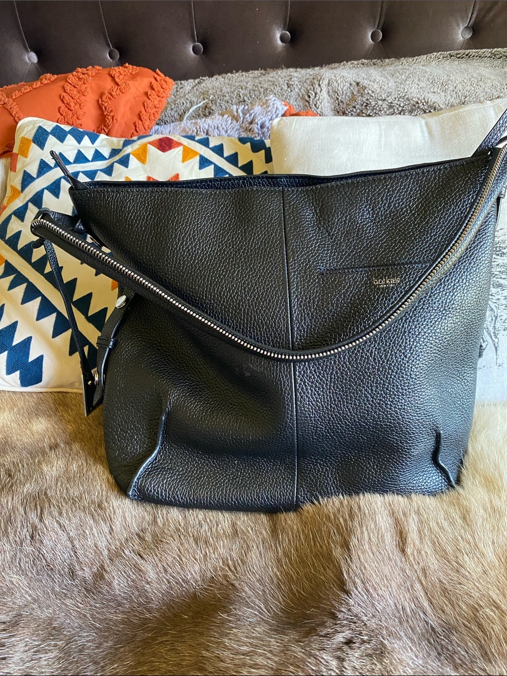 Botkier Black Leather Tote Bag with Zipper Handle